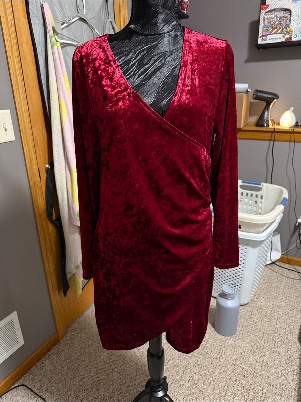 SHEIN Crushed Velvet Wrap Long Sleeve Dress - Wine